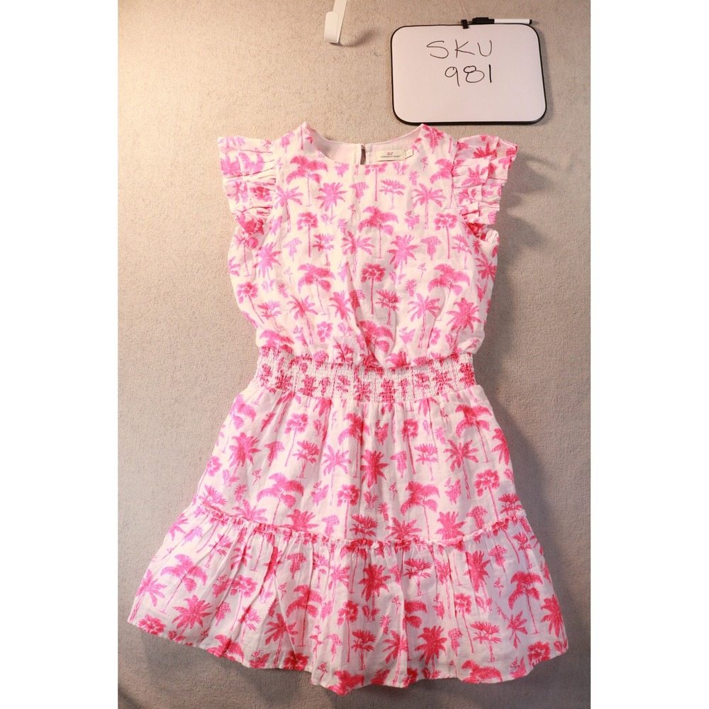 Vineyard Vines Dress Womens S Pink Palm Tree Linen Smocked Ruffle Flutter Sleeve